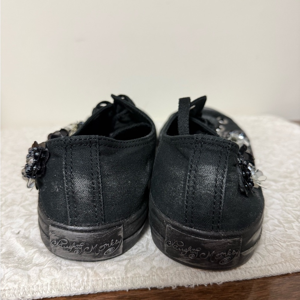 Naughty Monkey Womens Size 9 Black Sneaker Distressed Beaded Sequin Lace Up Flat - Picture 3 of 8